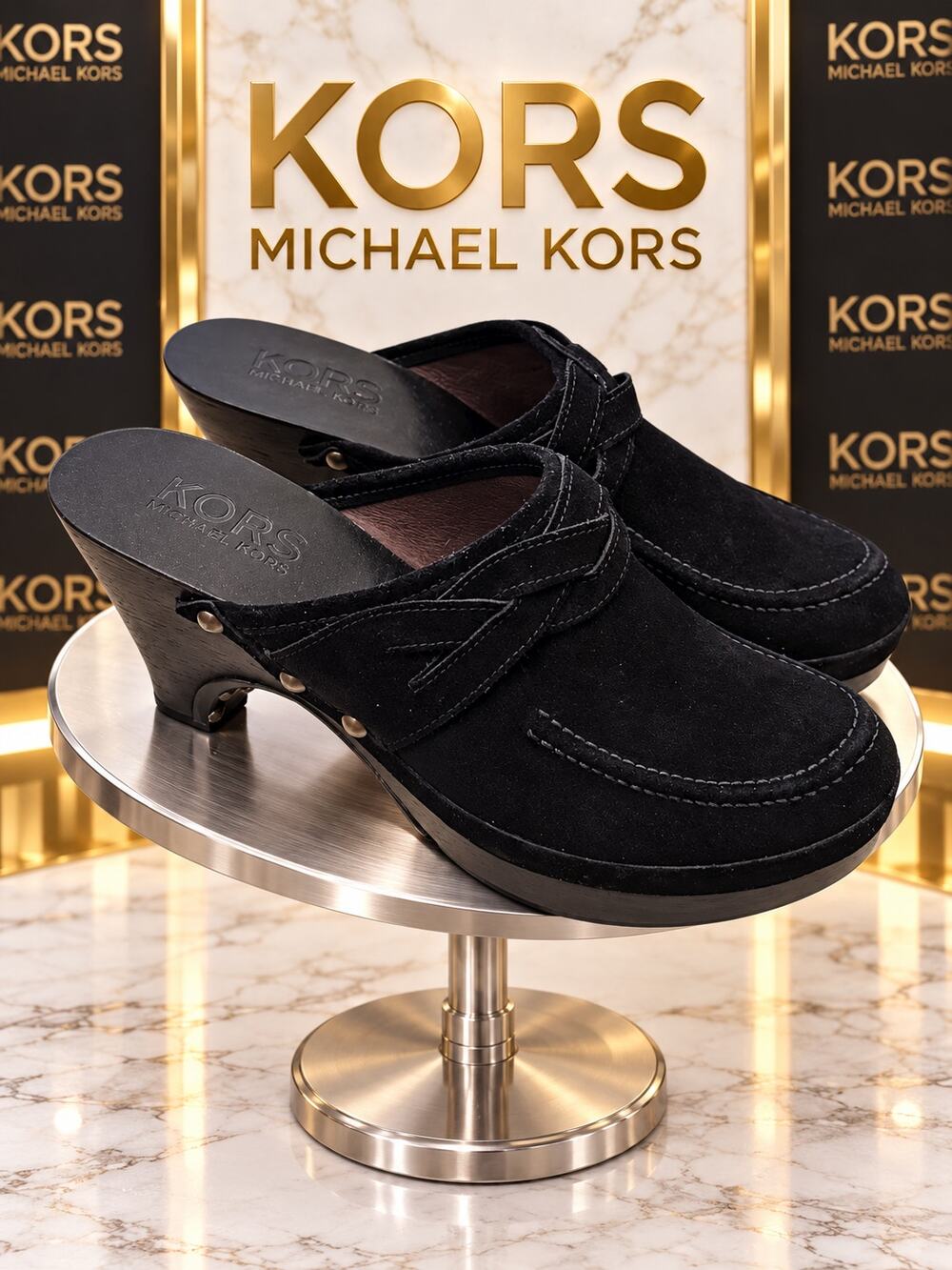 KORS Michael Kors Black Suede Penny Loafer Wedge Clogs Women’s 7M